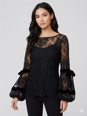Alberto Makali Black Sheer Lace Velvet Trim Lantern Sleeve Top - Medium